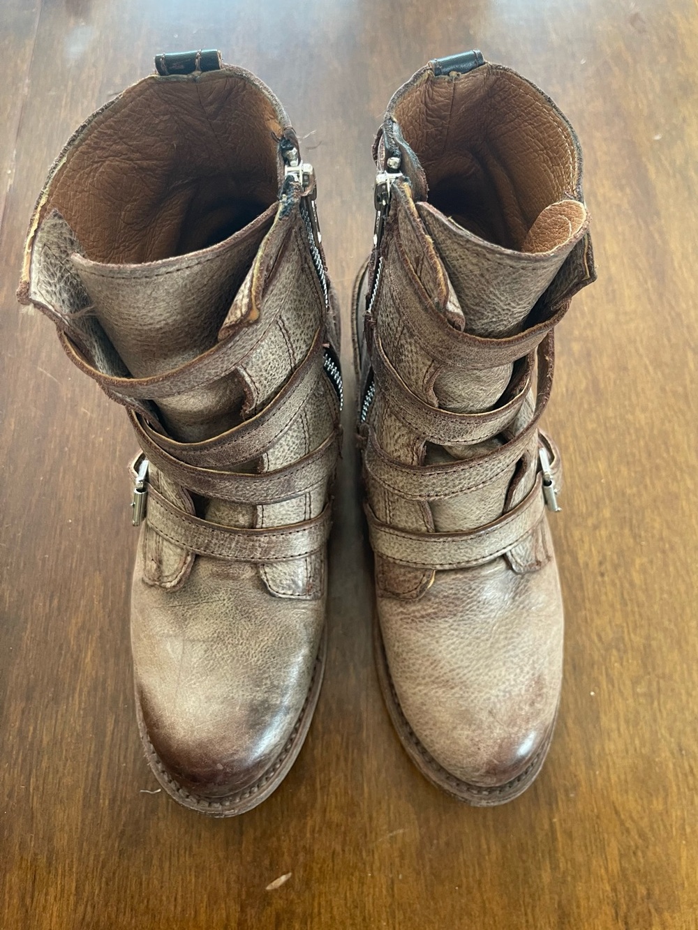 freebird Distressed Brown Leather Strappy Heeled Ankle Boots
